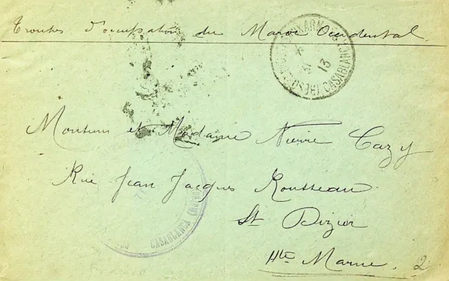 Sephil Morocco 1913 Pre Wwi Stampless Cover Casablanca To France