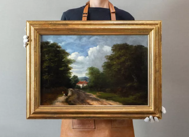 'Returning Home', 19th Century English Landscape Antique Oil on Canvas Painting