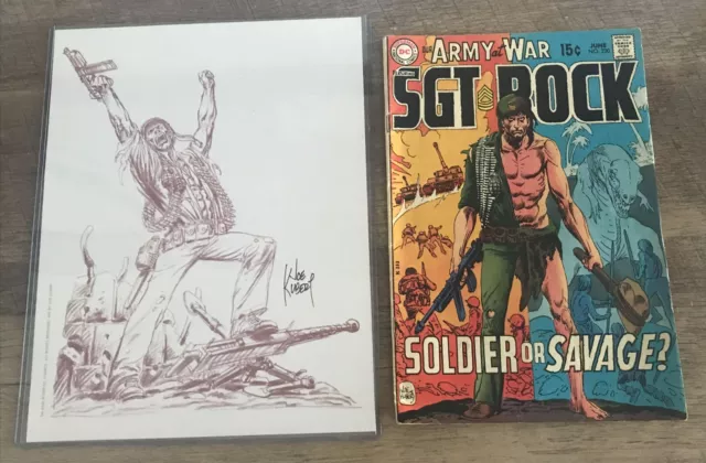 Joe Kubert Hand Signed Sgt Rock Sketch Print & Our Army At War #220 Vg+ Dinosaur