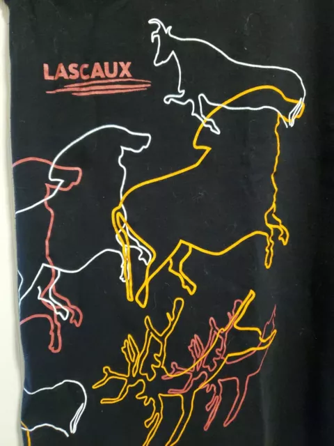 LASCAUX French cave painting tee, black with red/orange/white animal design, XL