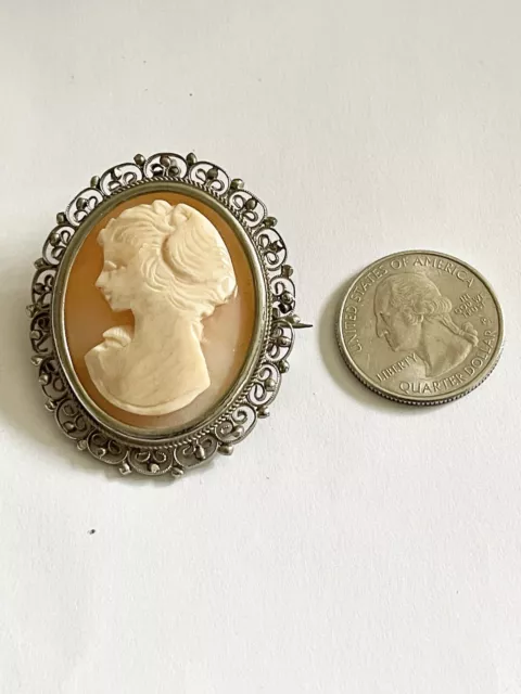 Vintage Genuine Italian Carved CAMEO Lady Silvertone Filigree Pin Brooch Pendant