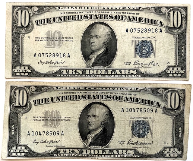$10 Silver Certificate (Small), Series 1953 & 1953-A (Blue Seal) Fr#1706-1707
