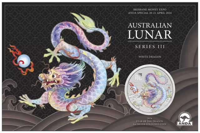 2024 Australia Lunar Dragon Brisbane ANDA White Dragon 1 oz Silver Coin  Card