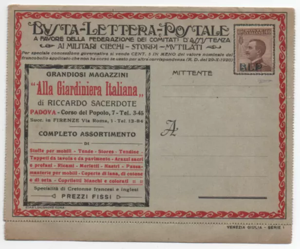 Regno Blp 1920 Busta Lettera Postale Mnh Buona Qualita'