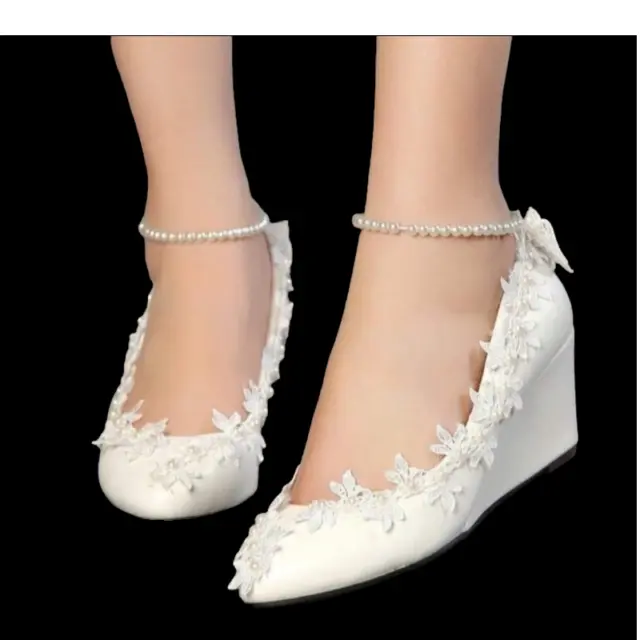 GETMOREBEAUTY Womens White Embroidered Pearl Ankle Strap Bridal Wedges Sz. 9