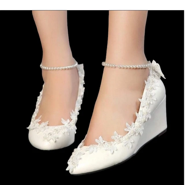 GETMOREBEAUTY Womens White Embroidered Pearl Ankle Strap Bridal Wedges Sz. 9