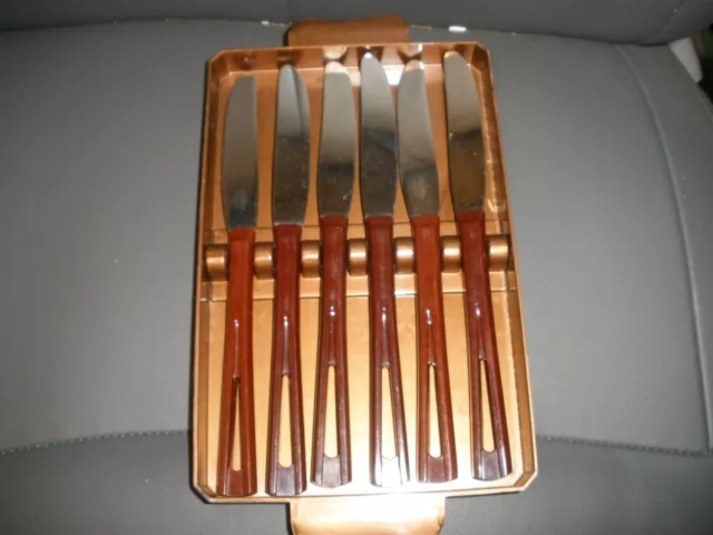6 Vintage MCM Bakelite Stanhome Stainless Flatware Knives Brown Handles in Tray