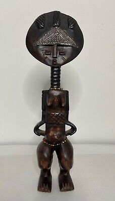 Ashanti Akuaba Carved Wood Fertility Doll Ghana Beads - ~15.5 in