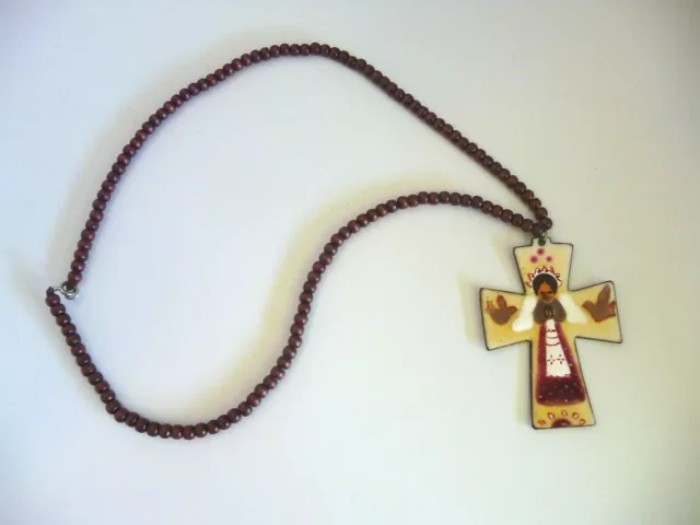 Handmade Brown Bead 21" Necklace With 3" Copper Cross Pendant Angel And Doves