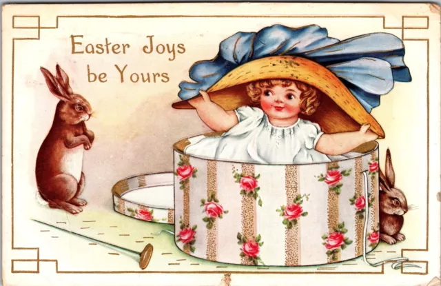 1915 Antique Postcard Easter Joys Rabbit Bunny Hat Quincy Coatsburg Illinois