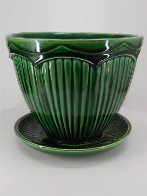 Large 6" Mccoy Dark Green 1967 Mcp Flower Pot W/Attached Saucer #637