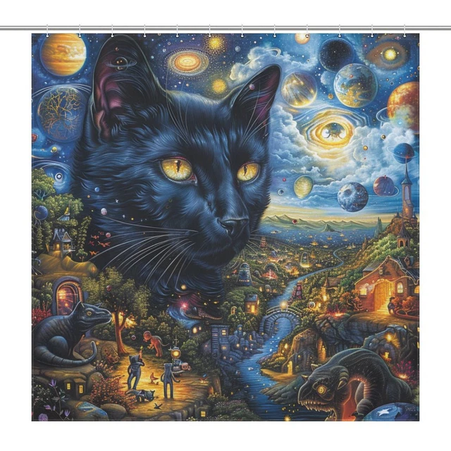 SPACE CAT FUNNY Animal Shower Curtain Bathroom Waterproof Long