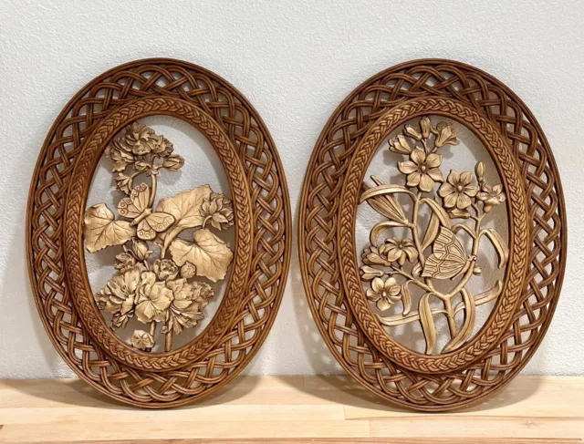 Vintage Pair 1970s Syroco Wall Plaques Hanging Decor Floral Braided Frame Design