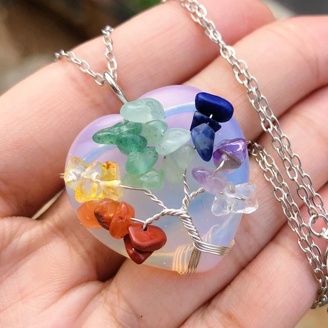 7 Chakra Opalite Gem Stone Tree Of Life Heart Necklace Reiki Healing Amulet