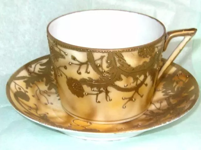 Nippon Gold Encrusted Moriage Beaded Orange Yellow Hand Painted Cup & Saucer