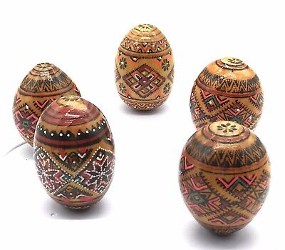 Primitive Solid Wood Hand Painted Eggs 2" tall Flat Edge one side Lot Set of 5