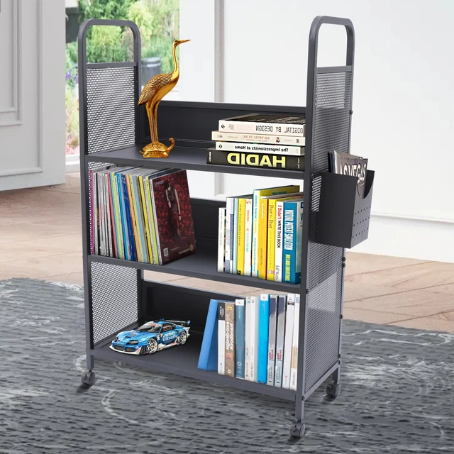 3 Tier Library Book Storage Cart Rolling Book Truck Book Cart W/ Handle & Wheels