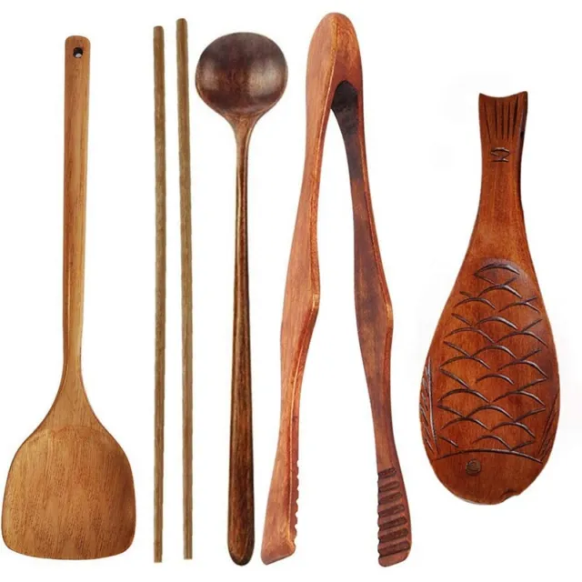 Wooden Cooking Utensils Kitchen Utensils Set with Wok Spatula Food Tongs Co Y8N7