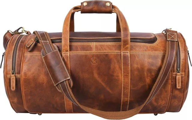 22" Large Full Grain Leather Duffle Barrel Bag - Adjustable Straps for Travel.