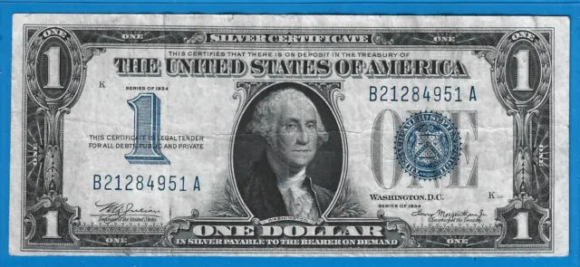 1934 $1 Silver Certificate Funny Back Note,Blue Seal,Circ VF,Nice!