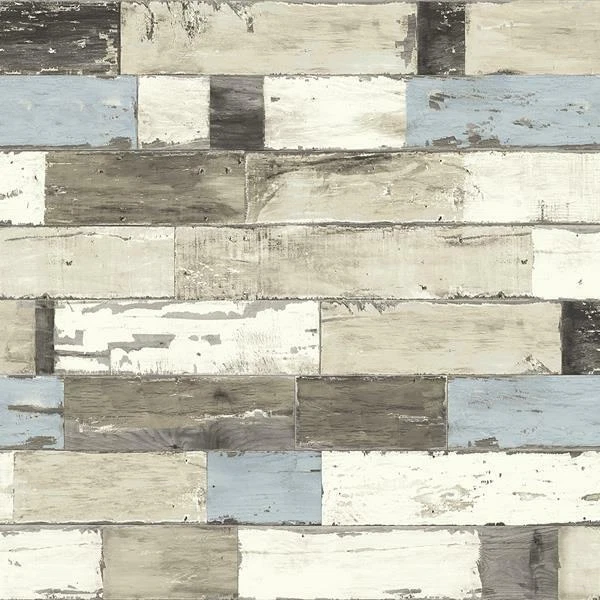 Wallpaper Rustic Reclaimed Weathered Faux Wood Planks Blue Gray White Black