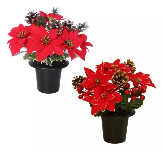 Christmas Grave Flowers - Flowers For Graves - Cemetery Pot - Red Poinsettia