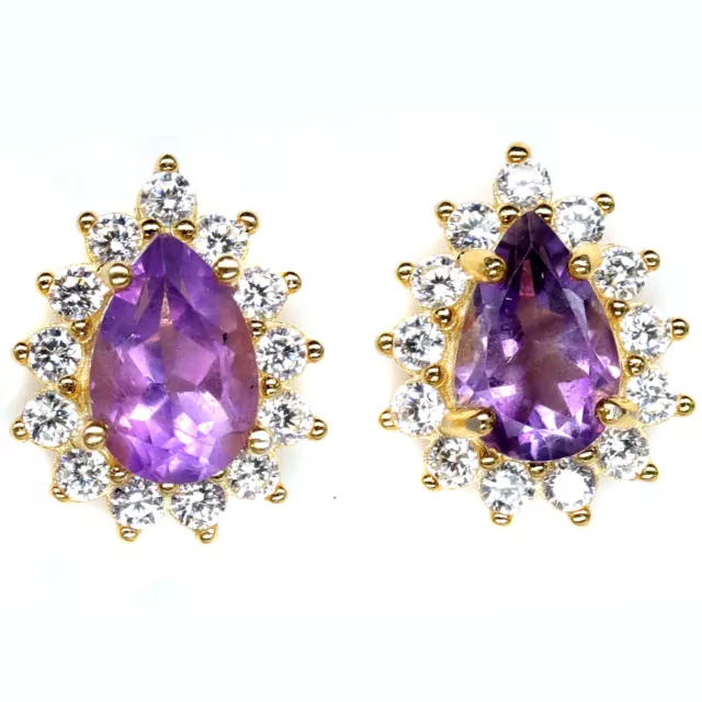 Natural 6 X 9 Mm. Pera Amatista Violeta&Blanco Cz Pendientes 925 Plata de Ley