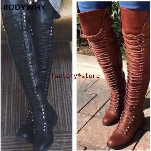 2020 Women Long Boots Lace Up Leather Female Over The Knee Boots Winter Top Hot