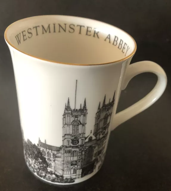 Mug Westminster Abbey London Royal Family Queen  White Black Gold Porcelain