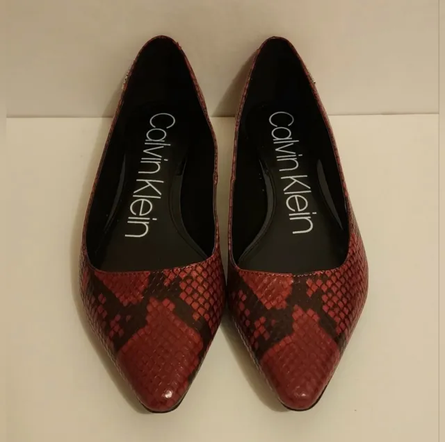 Women's Calvin Klein Red Snake Print Pointed Flats. Size 8