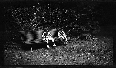 Portrait enfants assis sur banc avec chiens  - négatif photo ancien circa 1910