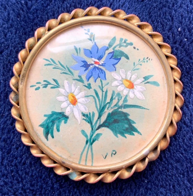 Grande Broche Ancienne Russe Vintage - Fleurs Peintes à La Main Sur Bois, Signée, XXème Siècle