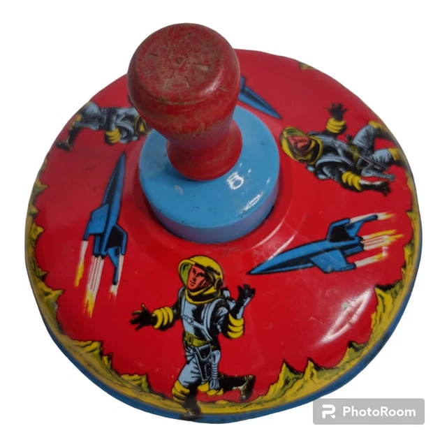 VINTAGE BUCK ROGERS Metal Push Down Spinning Top Toy 1965 Ohio Art 37.