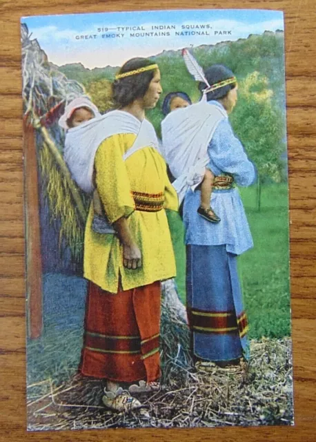 Linen Postcard Vintage Native American Indian Squaws Smokey Mountains Natl Park