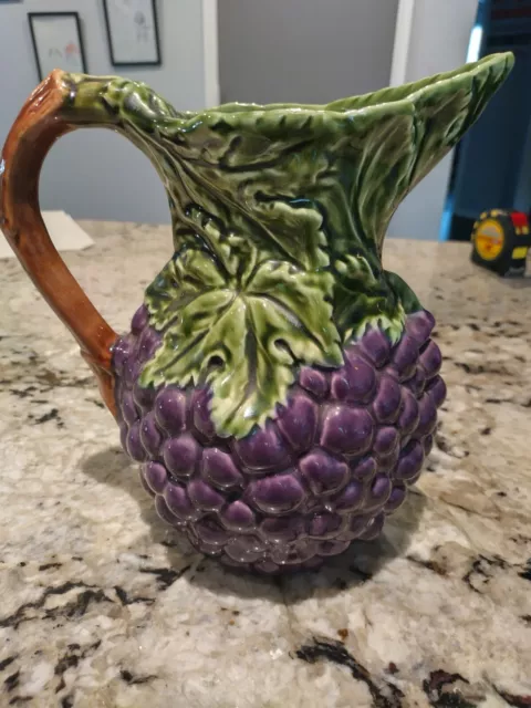 VINTAGE Olfaire Majolica Grape SERVING Pitcher, 9.5 high,  Made in Portugal