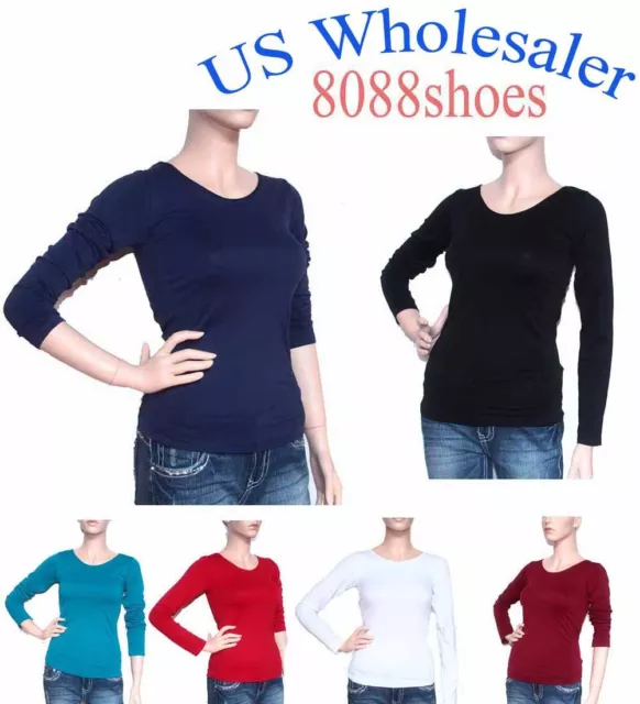 Wholesale Lots Women's One Size Long Sleeve Plain Round Neck Shirt NEW 10 PC