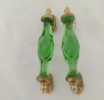 Pair Vntg. Look Light Green Victorian Cut Glass and Brass Pull Push Door Handle 2