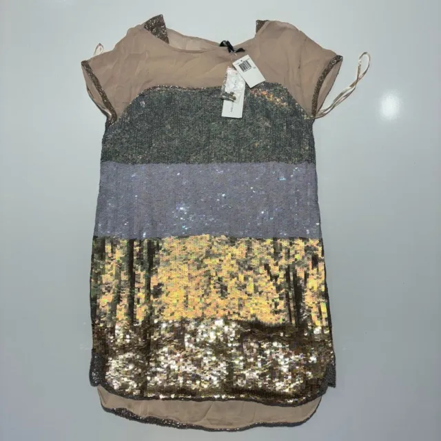 French Connection Sequin Mini Dress Short Sleeve  Size 10 Short Sheer NWT