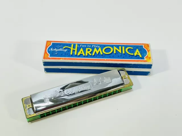 Schylling Harmonica 16 Hole Fun to Play  Silver/Green Rowley 5" Long