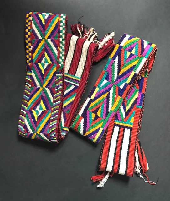 Vintage Hand Woven Sash Belt pair Men Wore Guatemala Mayan Embroidered Textiles