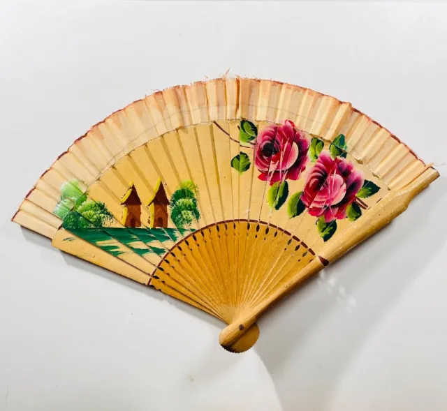 Vintage Bamboo Wooden Cloth Folding Hand painted Flower Hand Fan 6.5" Long