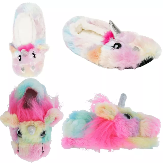 Girls / Ladies Novelty Soft 3D Rainbow Unicorn Plush Slippers Sizes Mini Me Gift