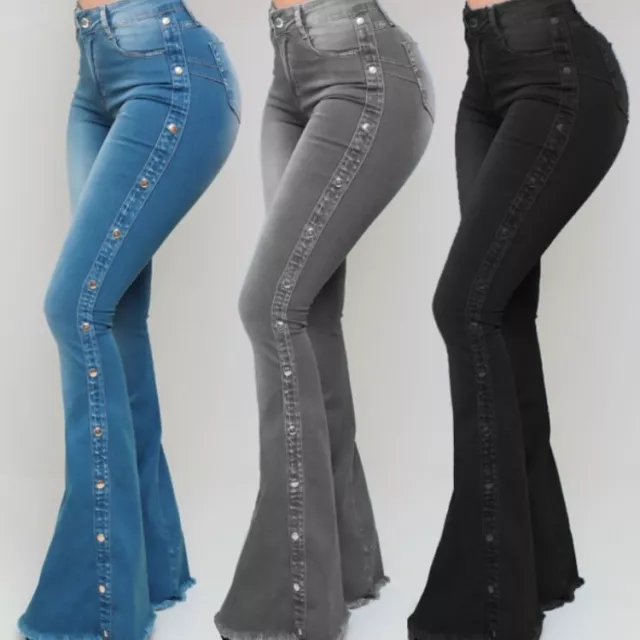 Lady Low Rise Flare Cargo Jeans Goth Flap Pocket Retro Bell Bottom Denim  Pants