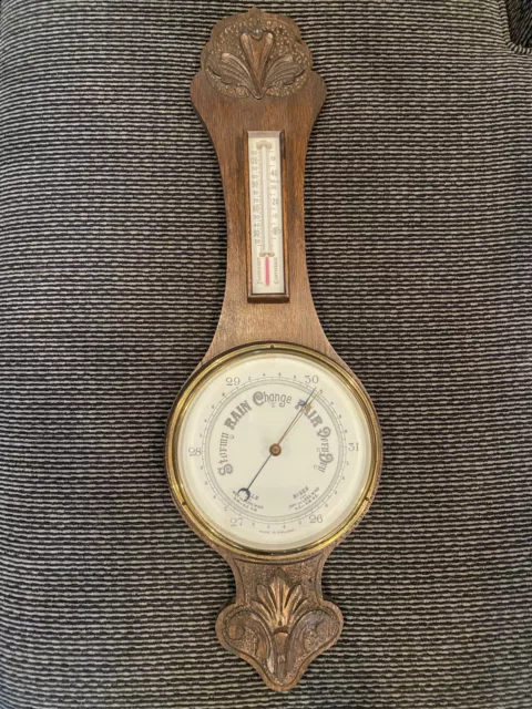 Antique aneroid barometer thermometer hand carved Wood case 31” fahr + centi