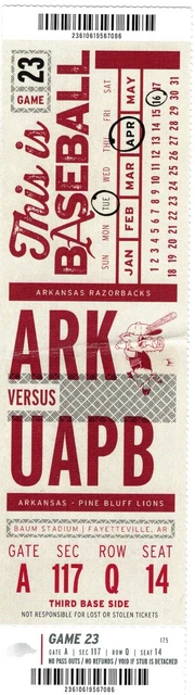 Arkansas Razorbacks Baseball Ticket Stub UAPB Pine Bluff 4/16/2019 Baum Stadium