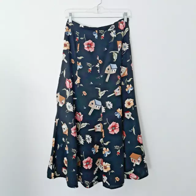Vintage 90s A-line Long Skirt Black Floral Bird House Rayon Elastic Size 8 / M