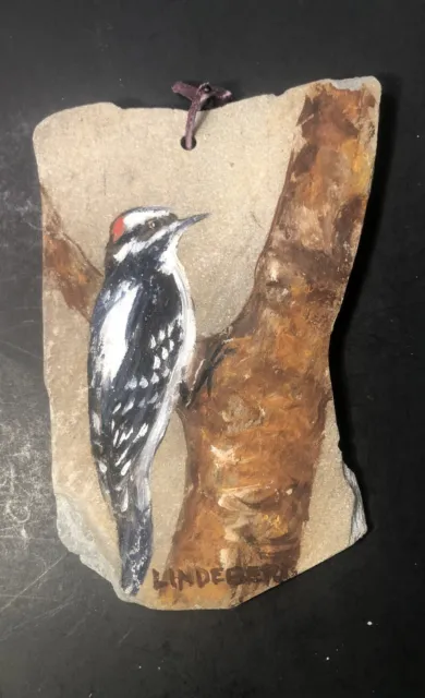 Bird On Slate Downy Woodpecker Painted By Lindberg 6” Burlap Hanger