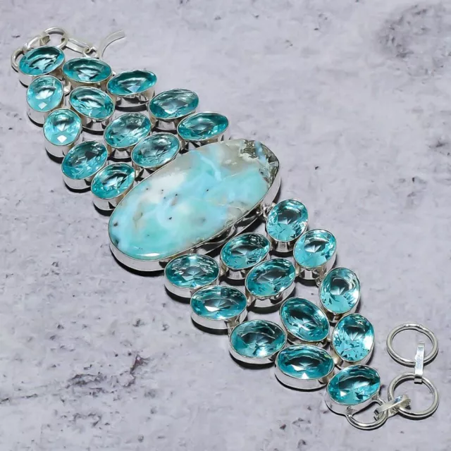 Natural Caribbean Larimar,Blue Topaz Stone 925 Sterling Silver Bracelet 8" S602