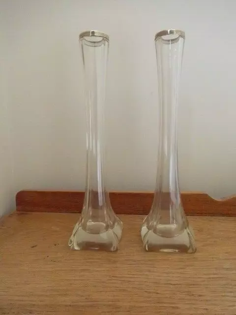 Pair Glass Silver topped Bud Vases 1902 by Arthur Pennington of Birmingham 9" H