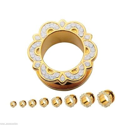 PAIR-Bali w/White Opals Gold Plate Screw On Ear Tunnels 16mm/5/8" Gauge Jewelry